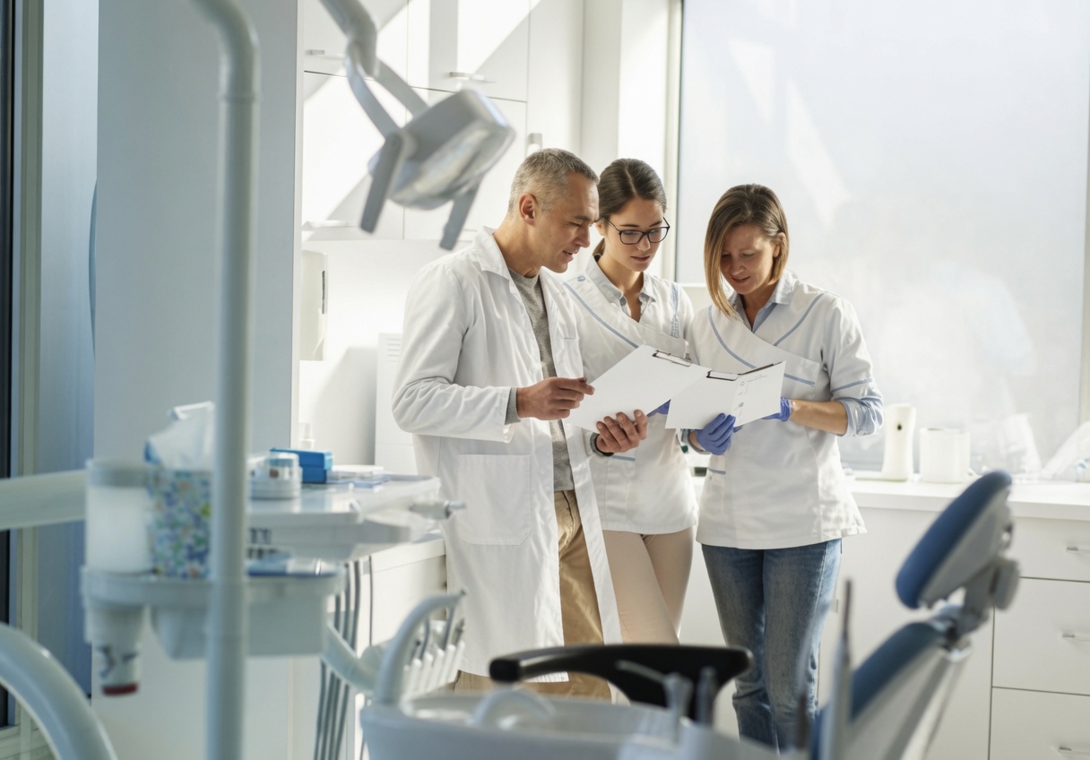 Dental team reviewing patient notes